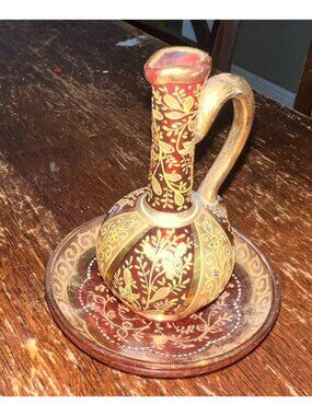 Antique 19th Century Bohemian Moser Style Cranberry Glass Gold Floral Detailing